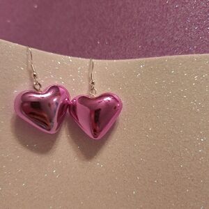 Pink Matallic Puff Earrings 1.5" Inch Drop Handmade New